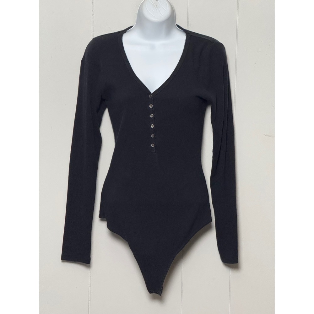 Abercrombie & Fitch Women's Black Ribbed Henley Long Sleeve Bodysuit Size Large